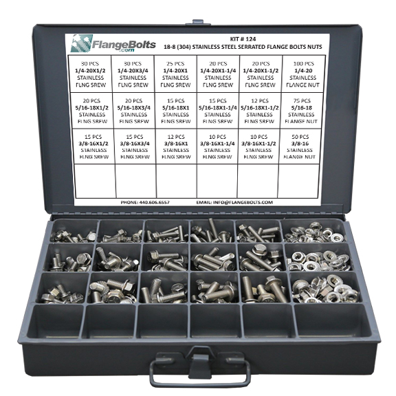 Inch Stainless Steel Serrated Hex Flange Bolts & Lock Nuts Assortment - 371 PCS